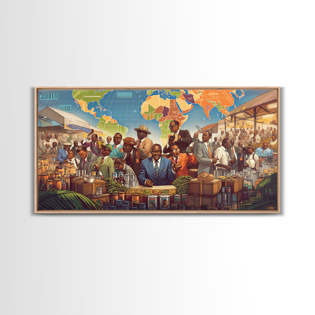 African Market Trade Scene Canvas Print, Pan African Map Wall Decor, Black History Art, Cultural Office Decor Gift For Him