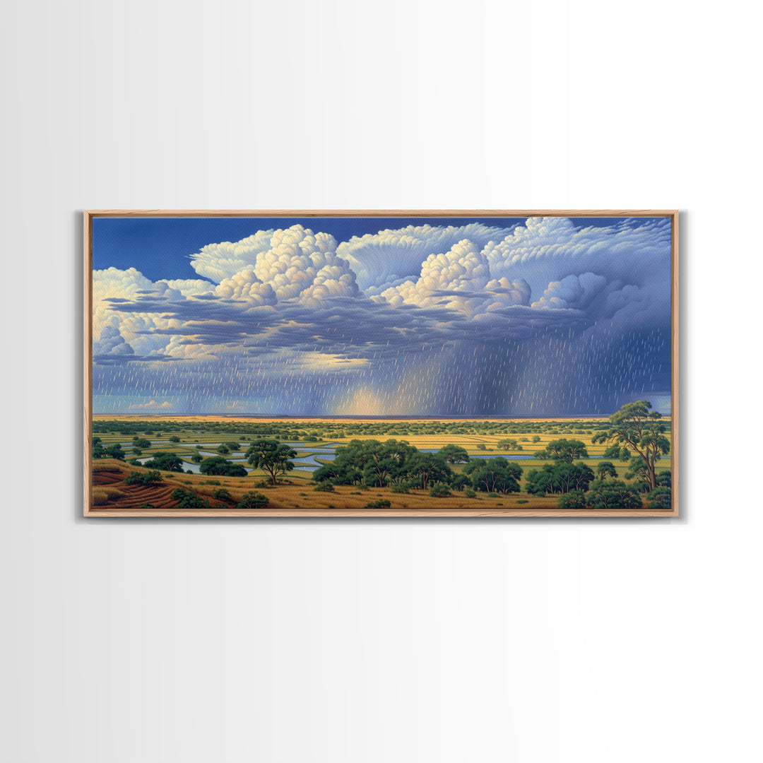 Blue Rain Clouds Over Green Savanna Wall Art, African Safari Art, Serengeti Wall Art, Nature Scene Art, Large Decor Art Gift