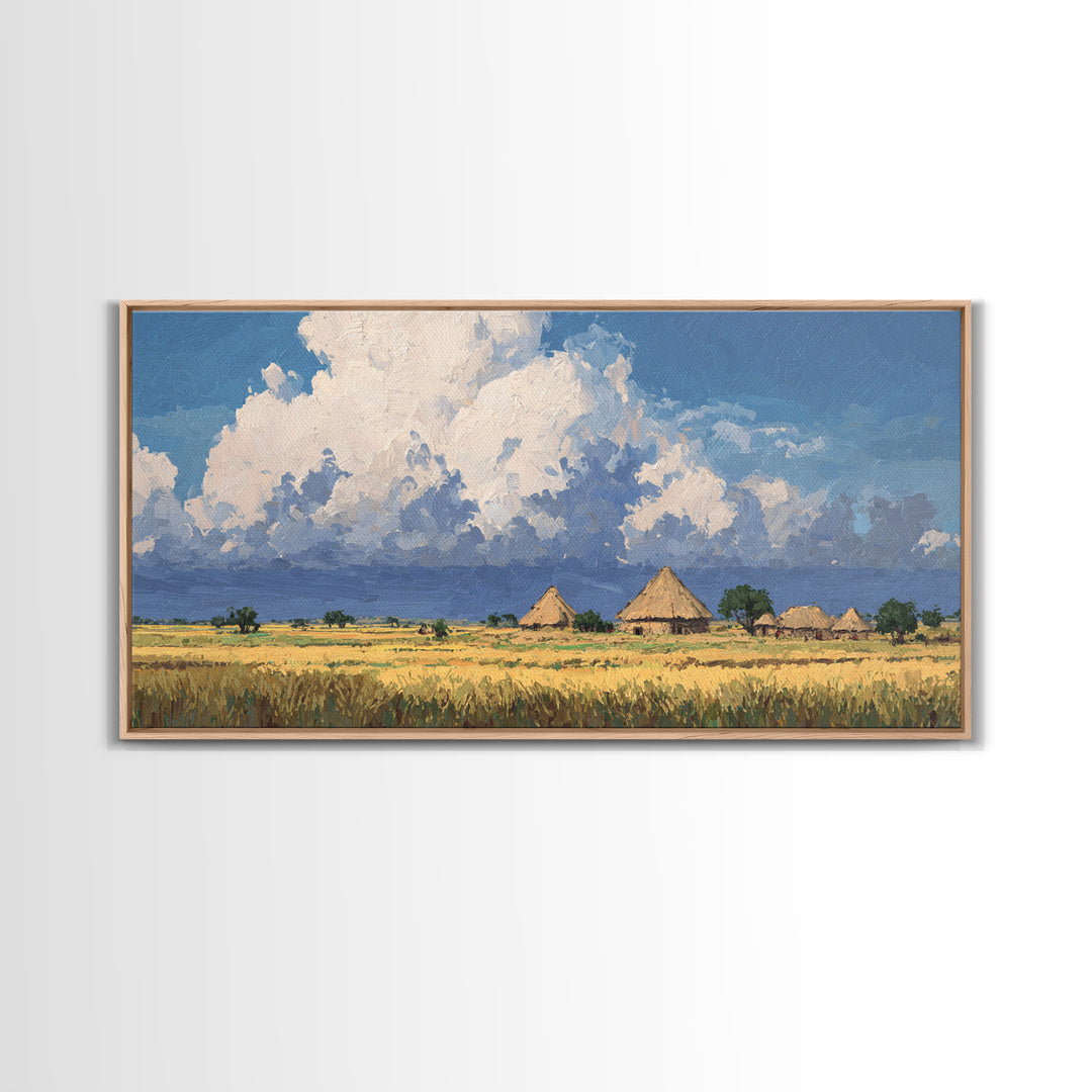 Thatched Village Under White Clouds Canvas Print, African Landscape, Rustic Decor, Cultural Wall Decor, Living Room Art Gift