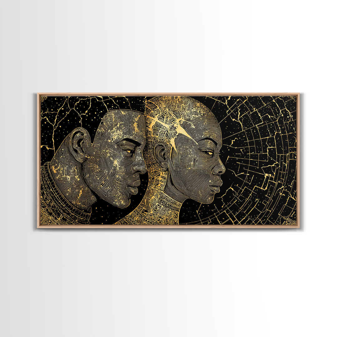 Golden African Profiles With Celestial Patterns Canvas Print, Afrocentric Portrait Wall Art, Black Culture Decor, Unique Gift