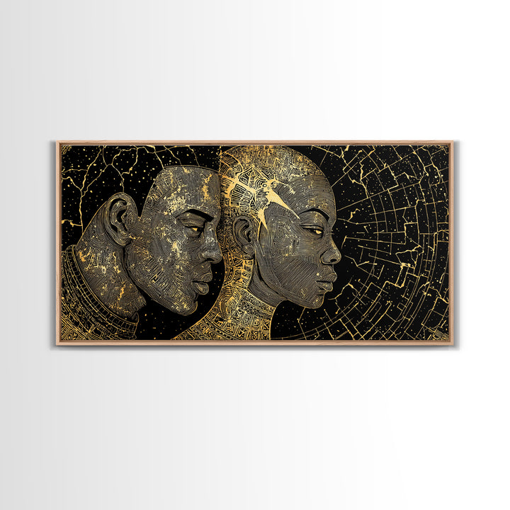 Golden African Profiles With Celestial Patterns Canvas Print, Afrocentric Portrait Wall Art, Black Culture Decor, Unique Gift