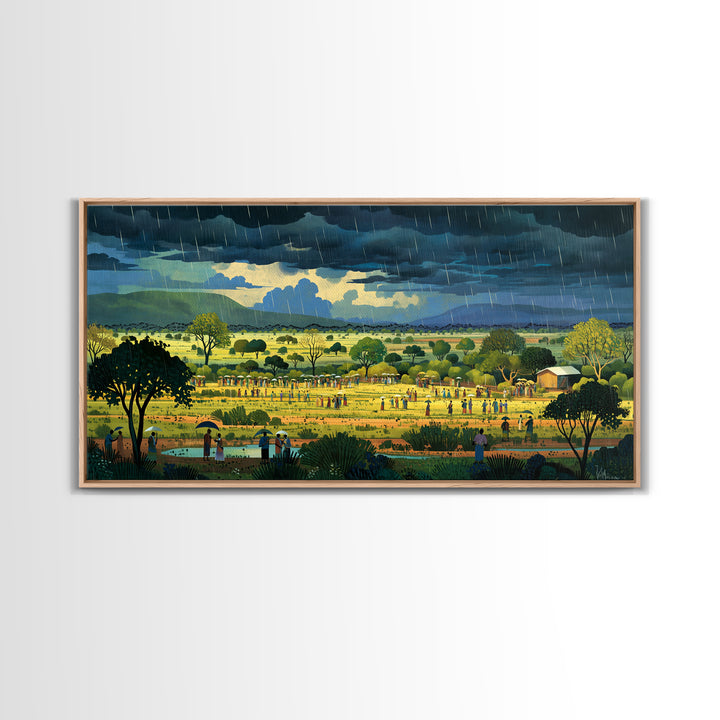 Rainy African Village Fields With Dark Monsoon Sky Wall Art, Motherland Landscape, Cultural Home Decor, Framed Canvas Print