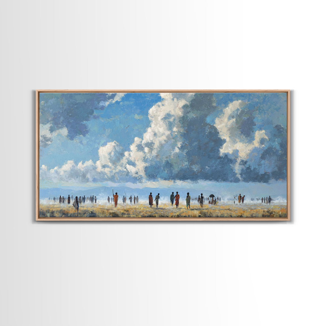 Open African Horizon With Walking Figures And Soft Clouds Wall Art, Minimalist Landscape, Blue Sky Decor, Canvas Print, Gift