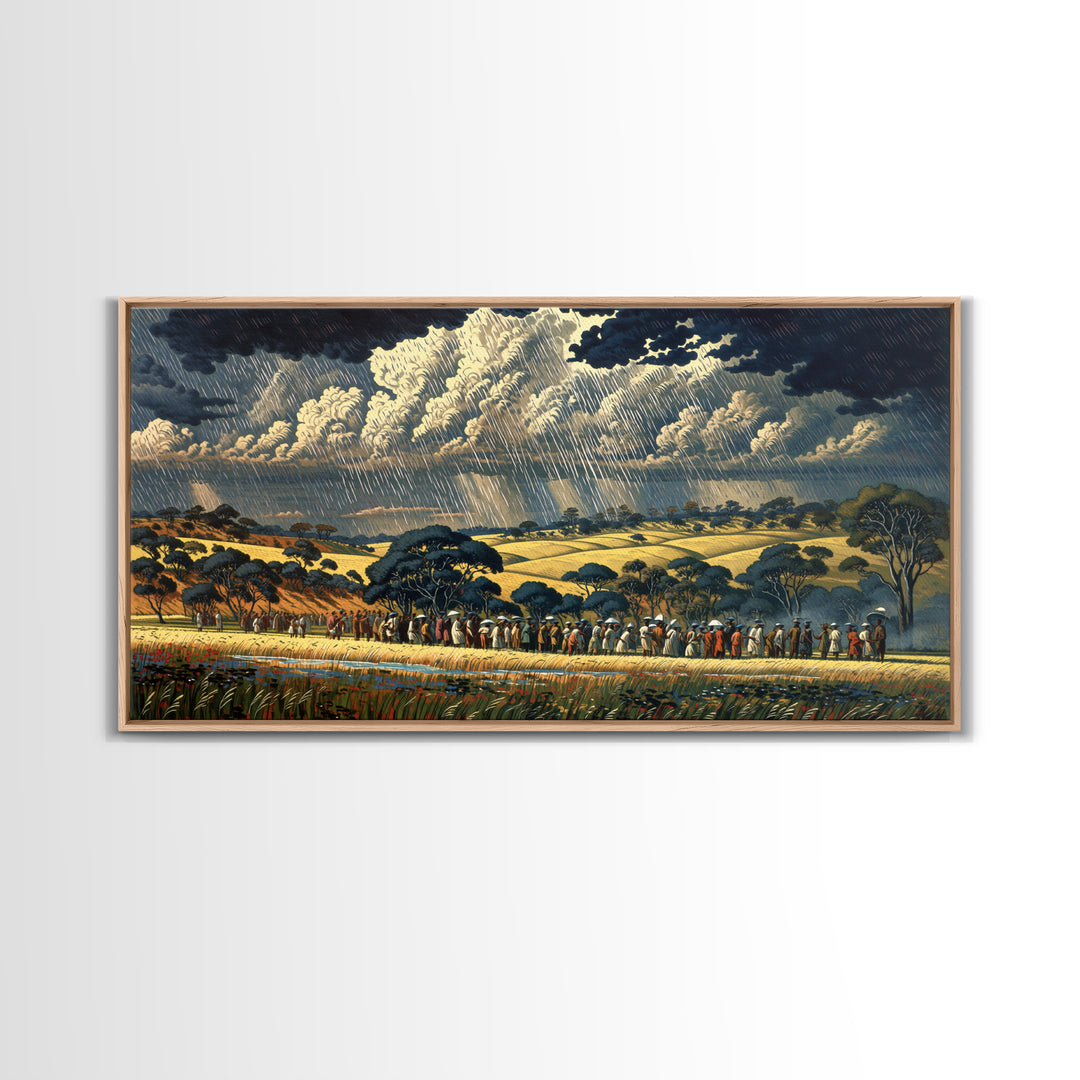 African Procession Through Sunlit Rainy Savanna Framed Canvas Print, Dramatic Storm Wall Art, Cultural Decor, Safari Gift