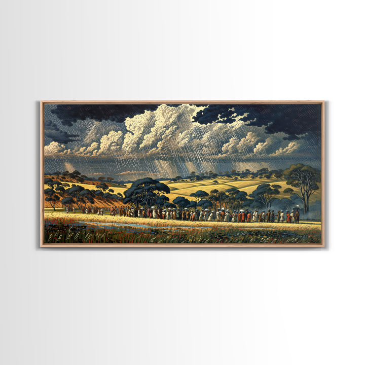 African Procession Through Sunlit Rainy Savanna Framed Canvas Print, Dramatic Storm Wall Art, Cultural Decor, Safari Gift
