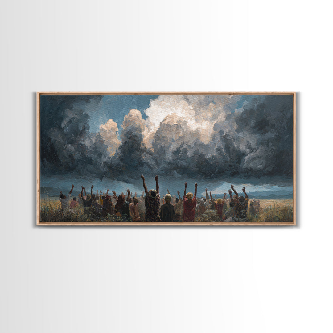Joyful African Crowd Under Dramatic Storm Clouds Wall Art, Black Culture Celebration, Spiritual Decor, Panoramic Canvas Print
