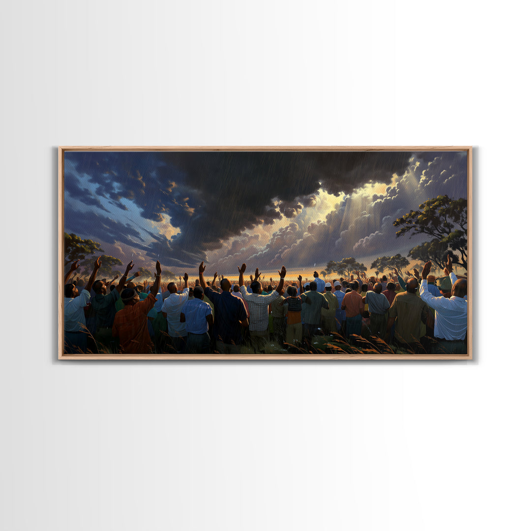 Sunlit African Gathering Beneath Storm Sky Canvas Print, Afrocentric Wall Decor, Spiritual Safari Scene, Cultural Home Art