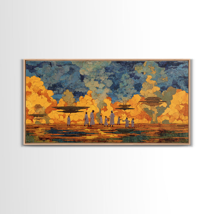 Golden African Village Scene Wall Art, Modern African Art Print, Cultural Landscape, Warm Earth Tone Living Room Decor Gift