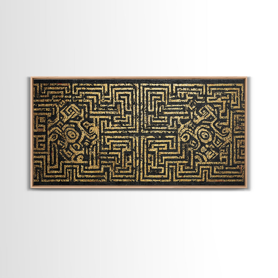 Black And Gold African Tribal Maze Canvas Print, Kuba Inspired Pattern Art, Ethnic Wall Decor, Bold Geometric Home Decor