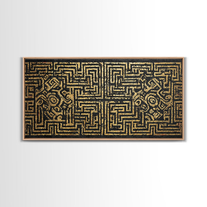 Black And Gold African Tribal Maze Canvas Print, Kuba Inspired Pattern Art, Ethnic Wall Decor, Bold Geometric Home Decor