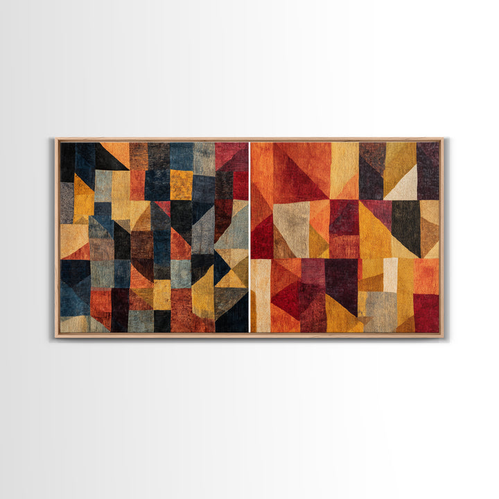 Modern African Geometric Patchwork Canvas Print, Abstract Ethnic Wall Art, Earth Tone Cubism Decor, Bold Home Decor Gift