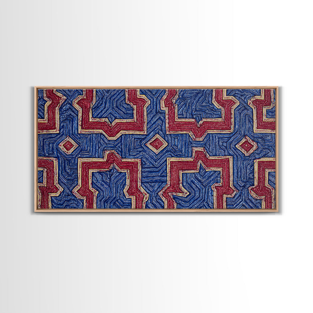Red Blue Kuba Geometric Textile Pattern Wall Art, African Fabric Print, Tribal Decor, Modern African Art For Living Room
