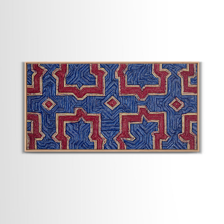 Red Blue Kuba Geometric Textile Pattern Wall Art, African Fabric Print, Tribal Decor, Modern African Art For Living Room