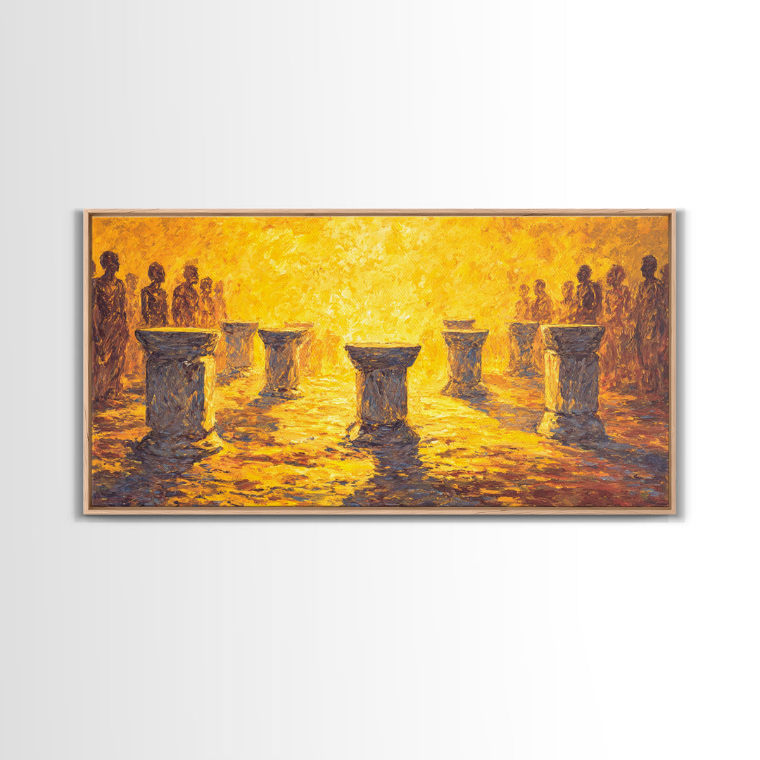 Golden Drum Ceremony Silhouette Wall Art, African Celebration Painting, Cultural Art Print, Warm Sunset Housewarming Gift
