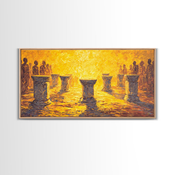 Golden Drum Ceremony Silhouette Wall Art, African Celebration Painting, Cultural Art Print, Warm Sunset Housewarming Gift
