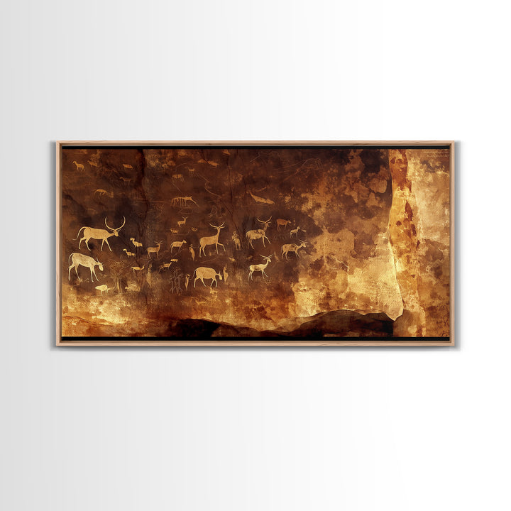 Ancient Cave Animal Herd Rock Painting Canvas Print, African Safari Art, Earth Tone Wall Decor, Tribal Culture Artwork Gift