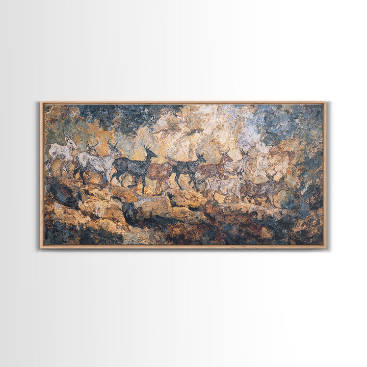Blue Ochre Prehistoric Animal Herd Wall Art, African Rock Painting, Safari Decor, Earth Tone Tribal Art Print For Home Decor