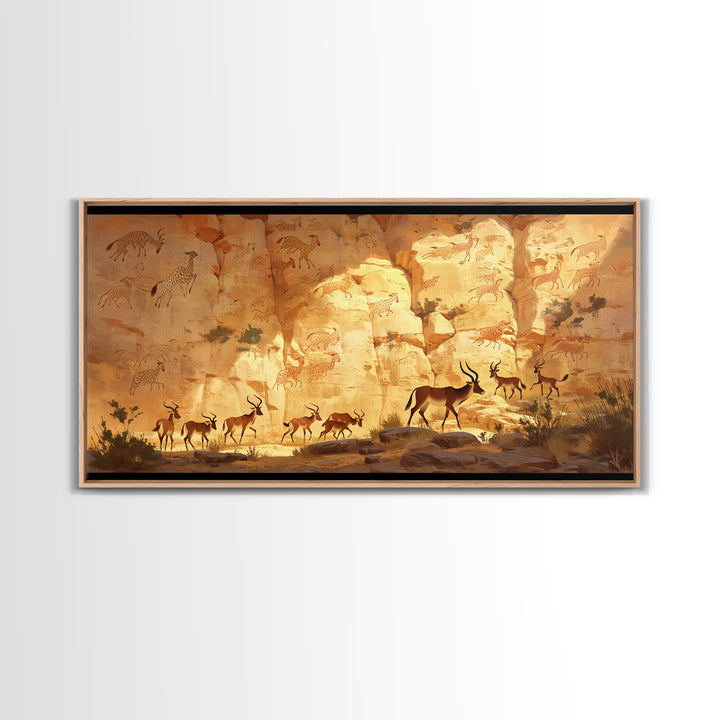 Desert Antelope Rock Art Framed Canvas Print, African Landscape, Safari Wall Decor, Ancient Cave Painting For Living Room