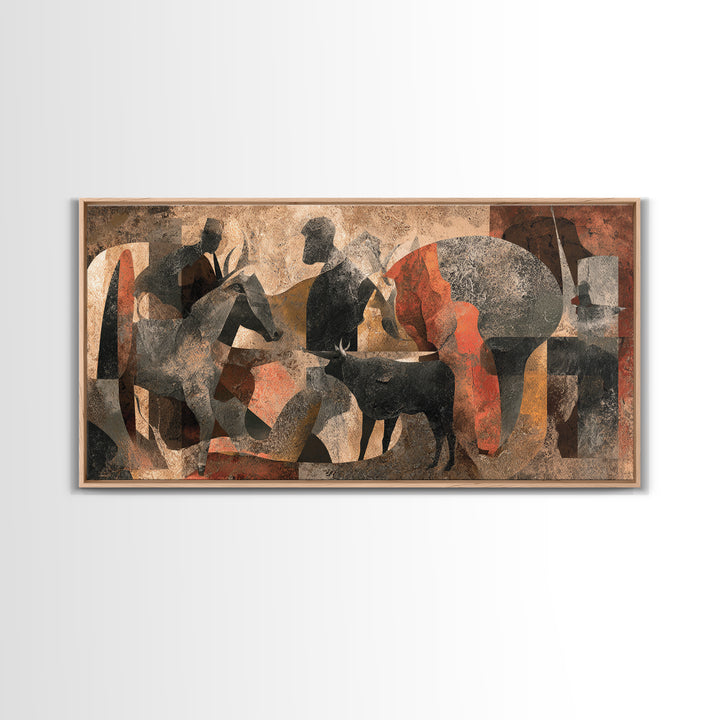Abstract African Herdsmen And Cattle Wall Art, Modern Cubism, Tribal Decor, Earth Tone Canvas Print For Stylish Home Decor