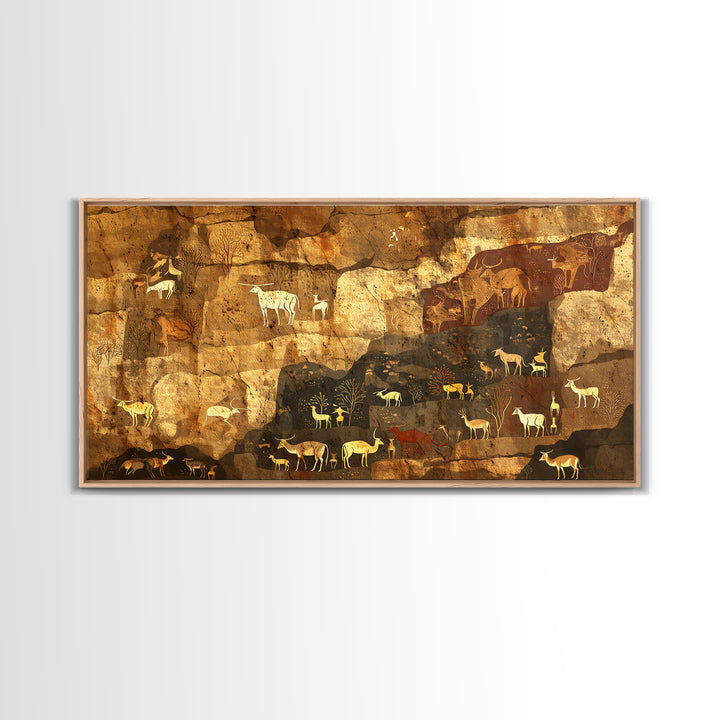 Ochre Cave Herd Rock Painting Canvas Print, African Animal Art, Tribal Wall Decor, Ancient Safari Artwork For Earth Tone Home