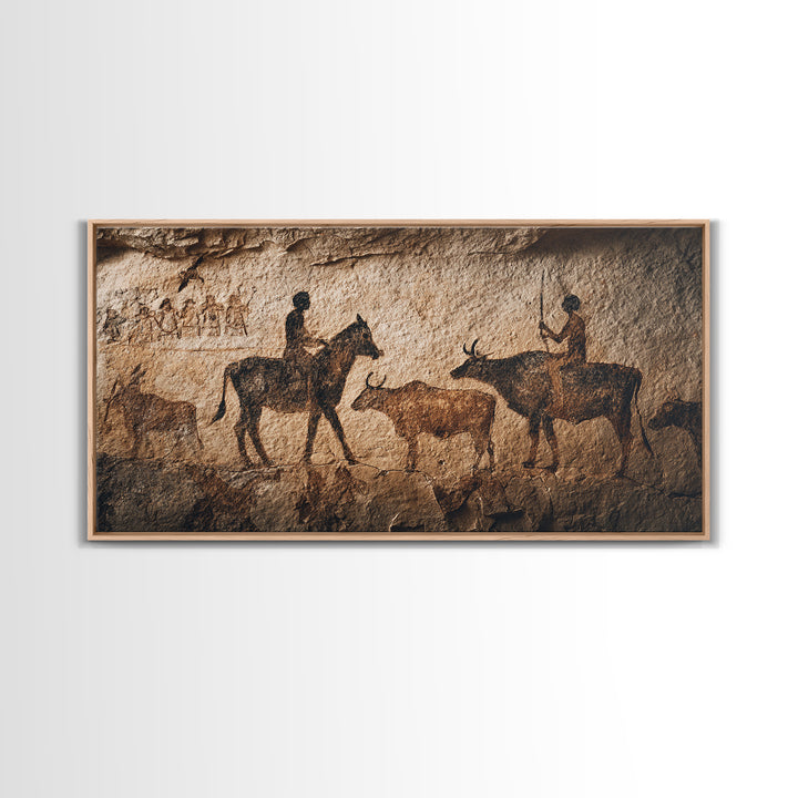 Ancient Cave Painting With Riders And Cattle Canvas Print, African Rock Art, Tribal Wall Decor, Rustic Home Decor Gift Idea