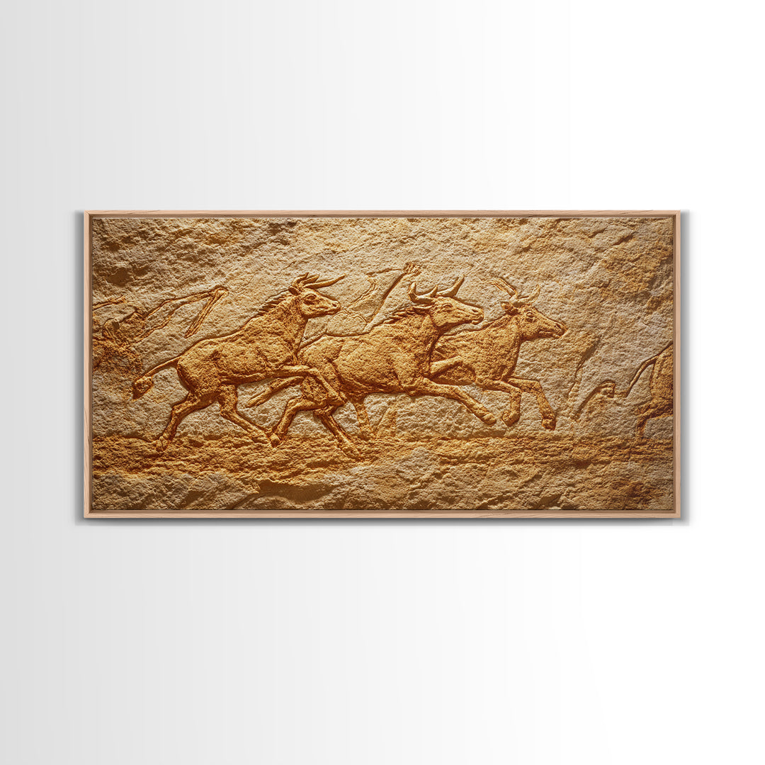 Carved Stone Antelope Herd In Ancient Cave Relief Wall Art, African Animal Art, Tribal Art Print, Earth Tone Decor, Rustic Home Decor