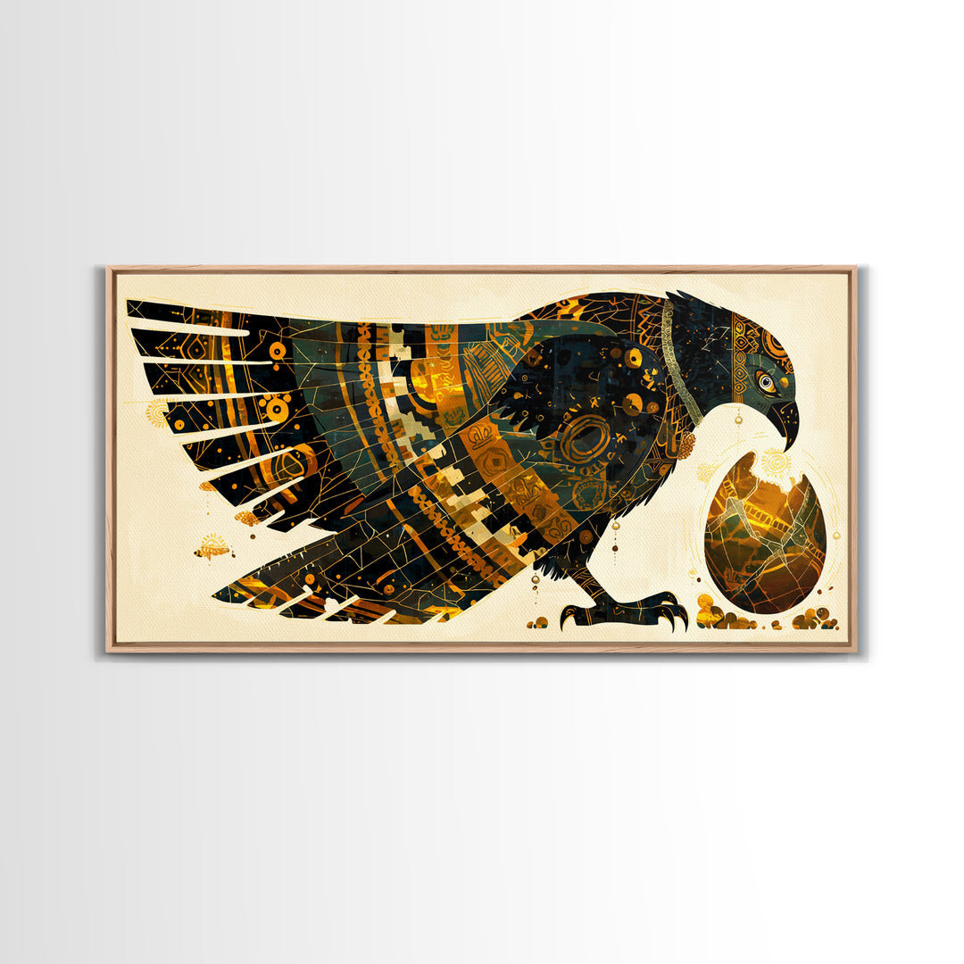 Ornate Egyptian Falcon With Golden Egg Canvas Print, African Egyptian Art, Black Gold Decor, Spiritual Wall Art Gift For Her