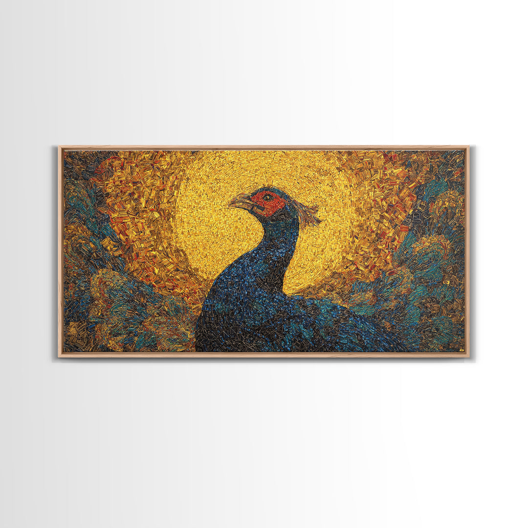 Blue Peacock Portrait Before Golden Sun Wall Art, African Inspired Bird Art, Textured Canvas Decor, Vibrant Living Room Gift