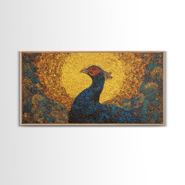 Blue Peacock Portrait Before Golden Sun Wall Art, African Inspired Bird Art, Textured Canvas Decor, Vibrant Living Room Gift
