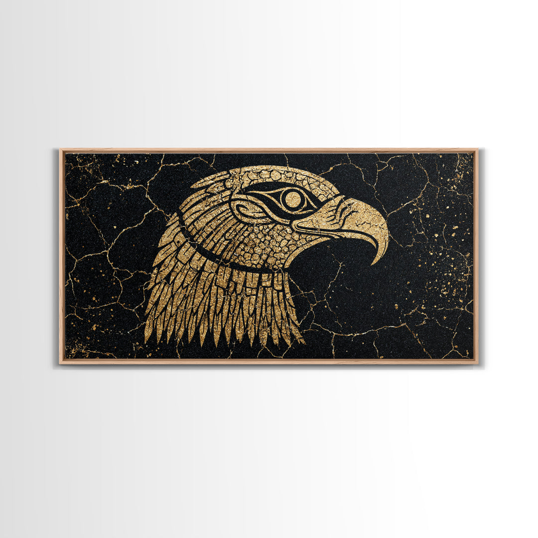 Gold Falcon Head On Black Cracked Stone Canvas Print, African Egyptian Art, Tribal Bird Decor, Luxury Wall Art Gift For Him