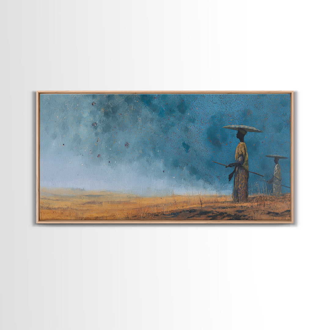 Blue Desert African Figures Wall Art, Minimalist Safari Landscape Painting, Modern Cultural Home Decor Canvas Gift For Bedroom