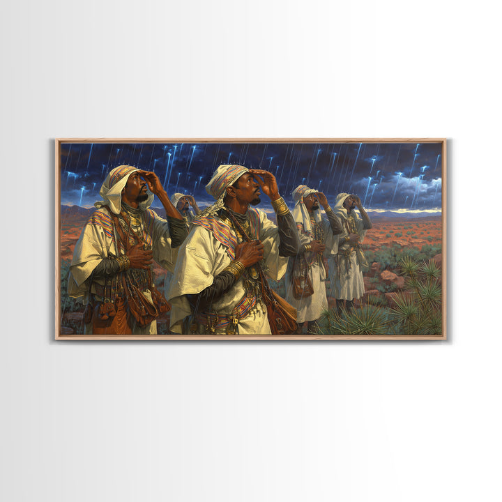 Berber Storm Watchers Canvas Print, African Warrior Art, Desert Lightning Scene, Tribal Wall Decor For Living Room And Office