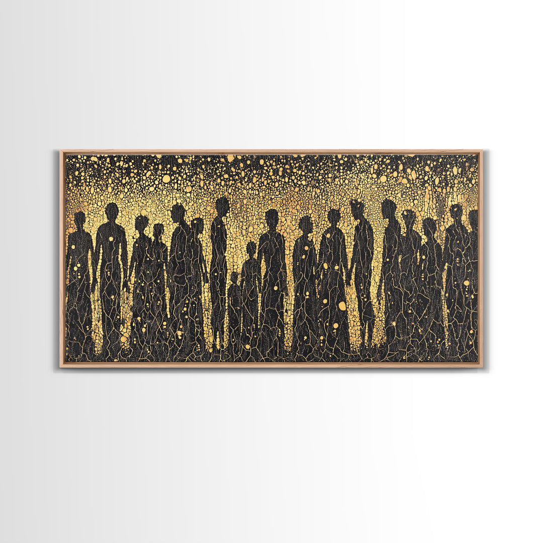 Gold African Silhouette Crowd Wall Art, Abstract Tribal Figures, Black And Gold Cultural Decor Canvas Print Gift For Office