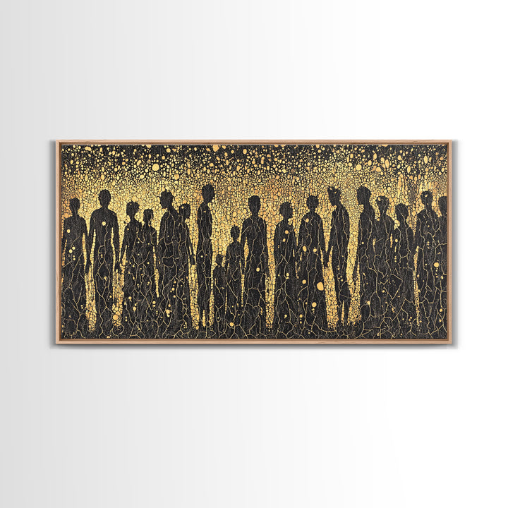 Gold African Silhouette Crowd Wall Art, Abstract Tribal Figures, Black And Gold Cultural Decor Canvas Print Gift For Office