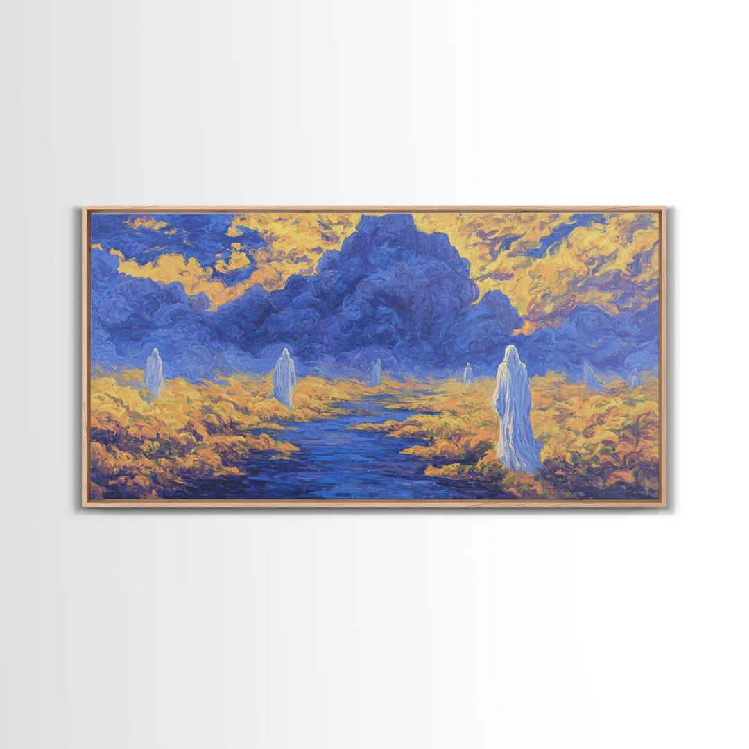 Blue Gold African Spirit Landscape Canvas Print, Mystical Savannah Wall Art, Dreamy Cultural Decor For Living Room And Office