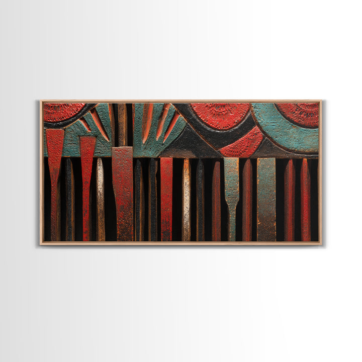 Red Teal Tribal Carved Wood Canvas Print, African Abstract Art, Ethnic Wall Decor, Bold Afrocentric Home Decor Gift For Living Room