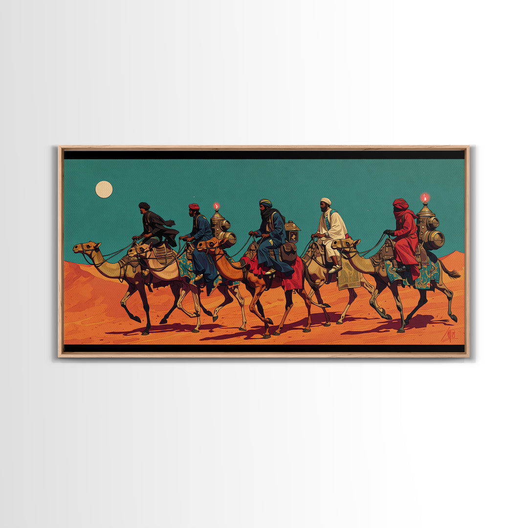 Camel Caravan Desert Travelers Wall Art, African Safari Art Print, Moroccan Travel Decor, Boho Southwestern Canvas Gift For Home