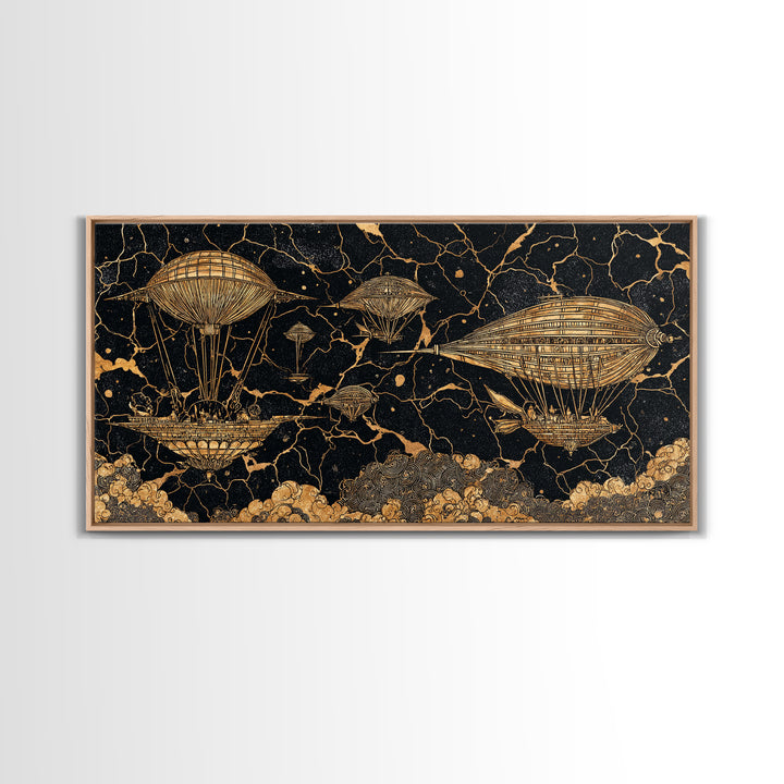 Gold Airship Fantasy Over Black Marble Wall Art, African Inspired Steampunk Canvas Print, Unique Statement Decor Gift For Office