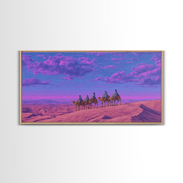 Purple Pink Camel Caravan Wall Art, Dreamy Desert Landscape Print, African Safari Art, Boho Travel Home Decor Gift For Living Room