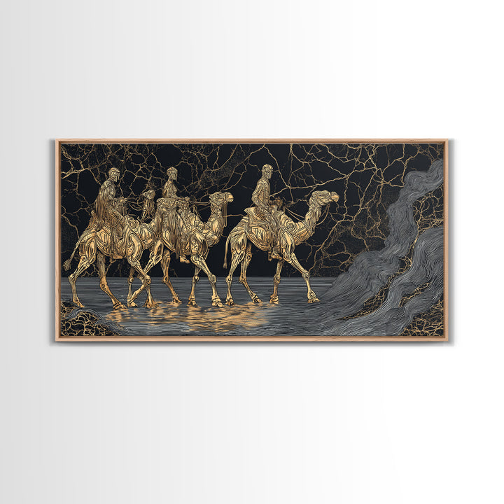 Gold Line Camel Riders Black Marble Wall Art, African Safari Canvas Print, Tribal Desert Decor, Modern Statement Gift For Home