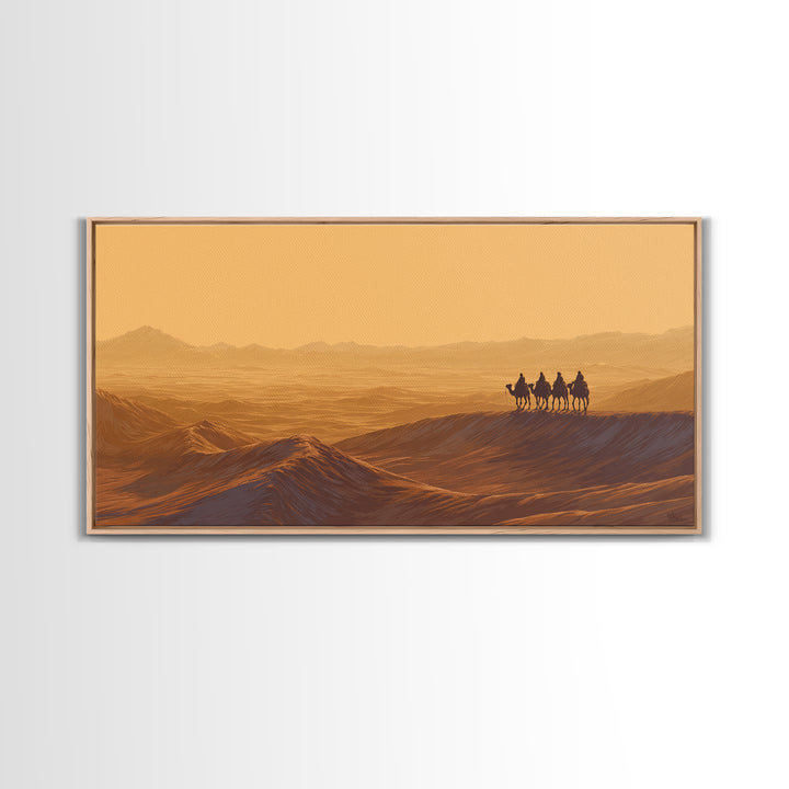 Golden Desert Caravan Silhouette Wall Art, African Landscape, Sahara Travel Poster, Earth Tone Wall Decor, Living Room Art