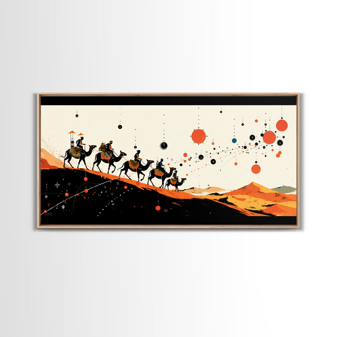 Abstract Camel Caravan Wall Art, Orange Desert Dunes, African Safari Art, Boho Wall Decor, Modern African Art Print Gift