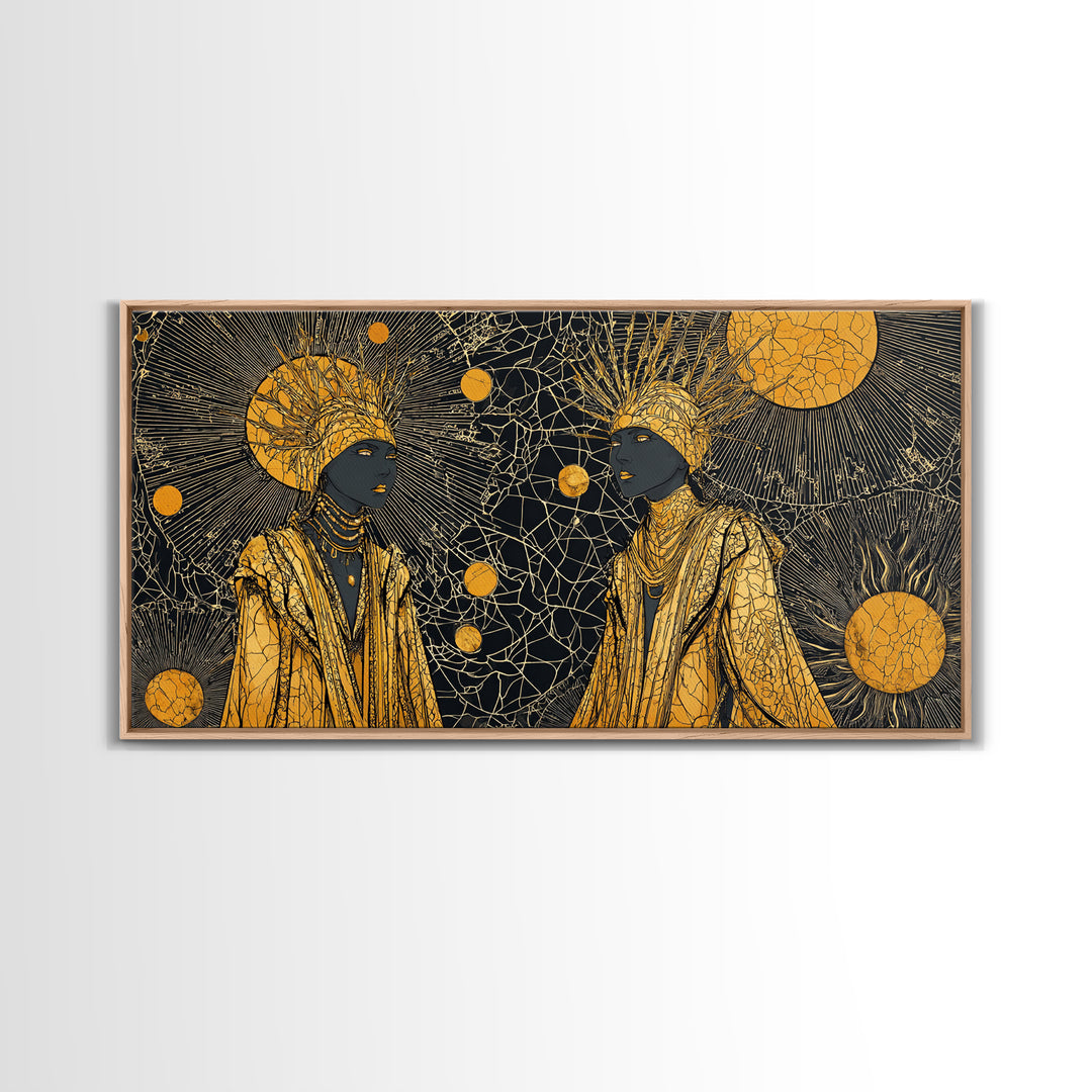 Two Regal African Women Canvas Print, Gold Celestial Portrait, Black Woman Art, Afrocentric Wall Art, Elegant Home Decor
