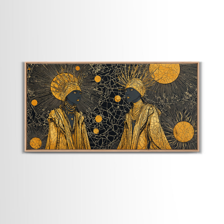 Two Regal African Women Canvas Print, Gold Celestial Portrait, Black Woman Art, Afrocentric Wall Art, Elegant Home Decor