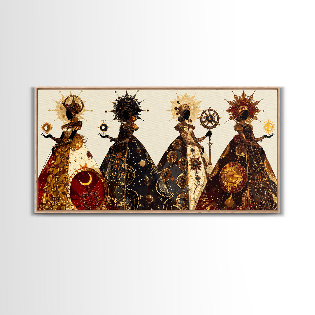 Four Celestial African Queens Framed Canvas Print, Black Goddess Art, Gold Spiritual Wall Decor, Afrocentric Artwork Gift