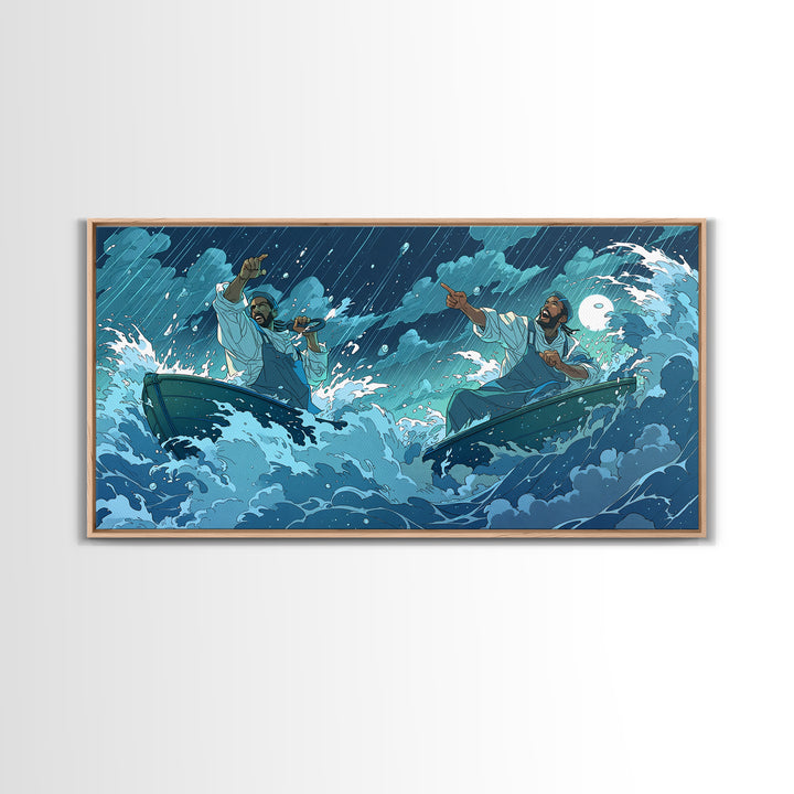 Stormy Sea Boatmen Wall Art, Blue Ocean Waves, African Inspired Spiritual Art, Fishermen Canvas, Dramatic Home Decor Gift