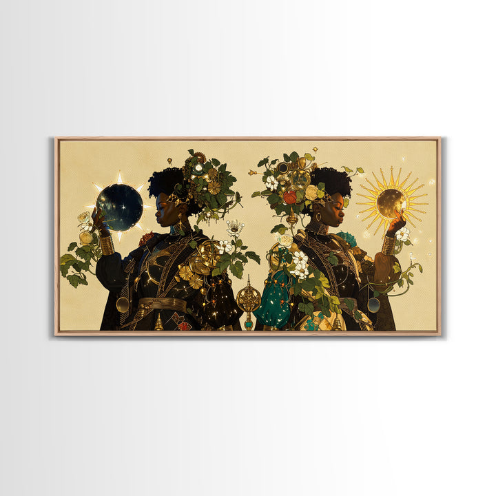 Celestial African Queens With Sun And Moon Framed Canvas Print, Afrocentric Wall Decor, Black Goddess Portrait Art Gift For Her