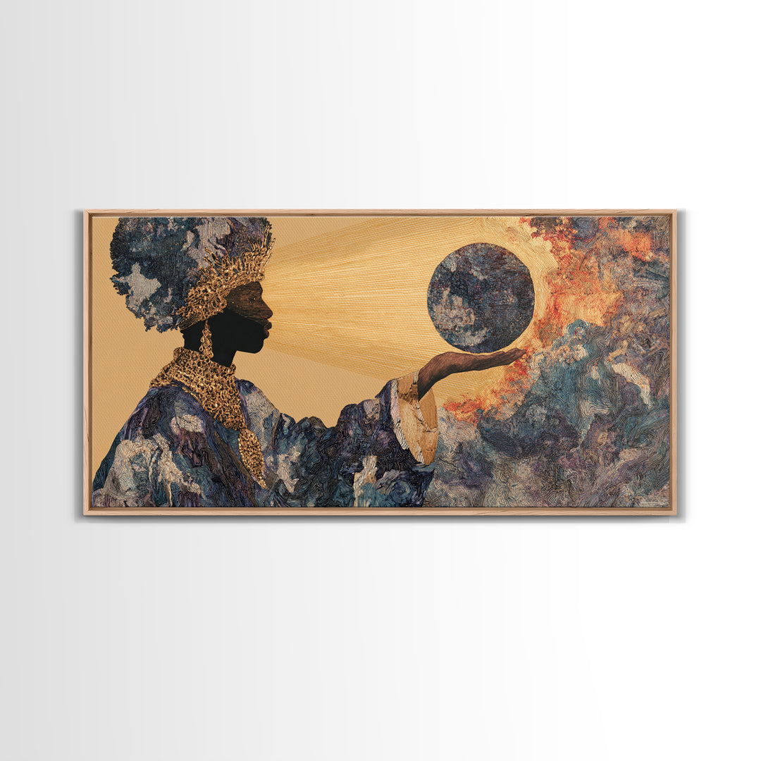 Eclipse African Woman Holding Moon Canvas Print, Afrocentric Wall Art, Black Female Portrait, Celestial Home Decor Gift Idea