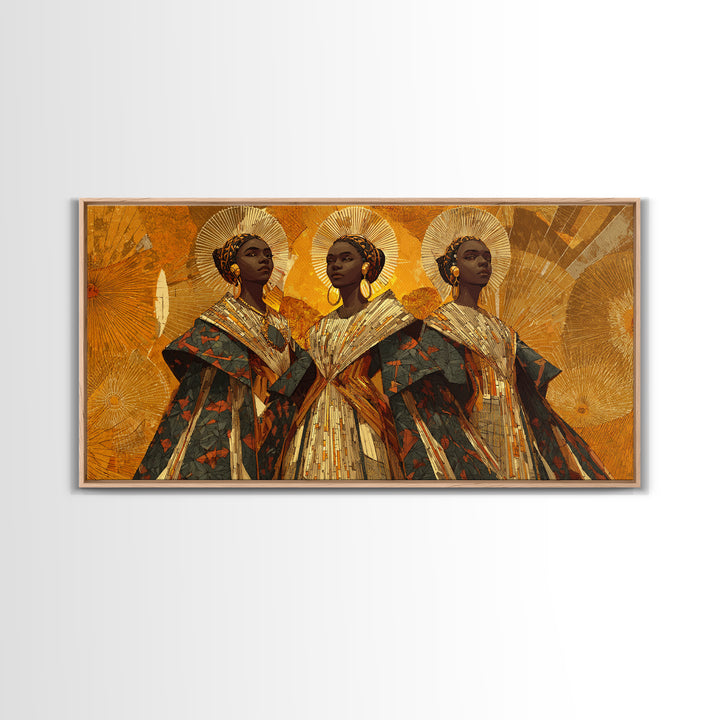 Three Regal African Women In Gold Halos Framed Canvas Print, African Wall Art, Black Queen Portrait, Afrocentric Decor Gift