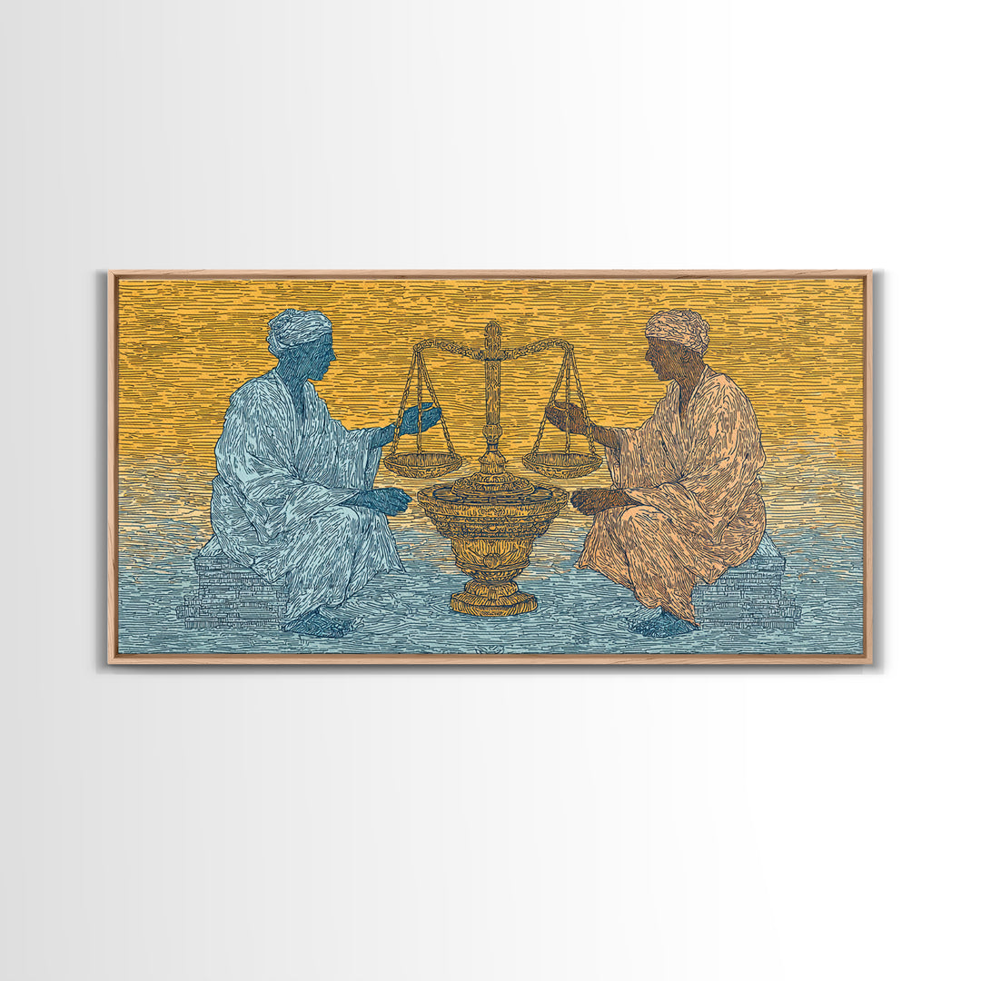 African Elders With Scales Of Justice Canvas Print, Cultural Wall Art, Legal Office Decor, Tribal Wisdom Art Gift For Him